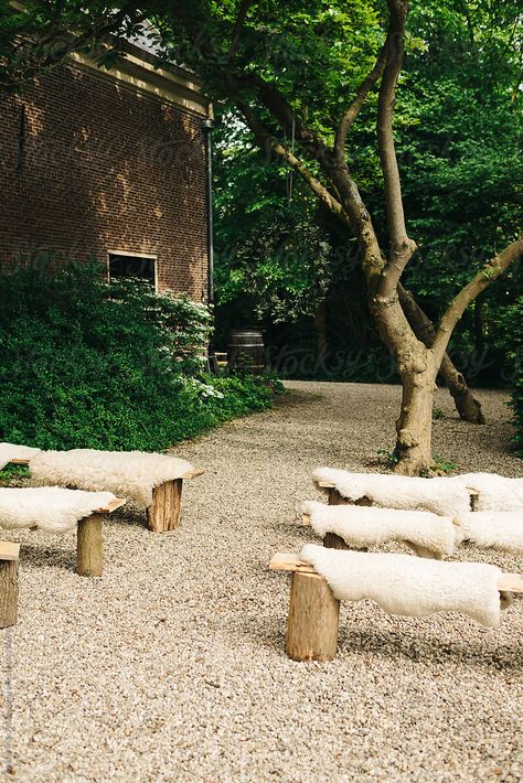 "Wooden Benches With Sheepskin For Small And Intimate Wedding Ceremony Outdoors" by Stocksy Contributor "Melissa Milis Photography" Wood Wedding Benches, Ceremony Benches, Outdoor Ceremony Seating, Wedding Bench, Wooden Benches, Picnic Bench, Ceremony Seating, Intimate Wedding Ceremony, Ceremony Backdrop