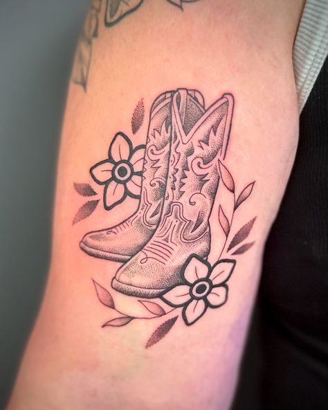 Cowboy Hat And Boot Tattoo, Cowboy Boot Tattoo For Women, Cowboy Flash Tattoo, Boot Tattoos For Women, Cowboy Boots Tattoo, Cowboy Boot Tattoo, Cowboy Tattoo, Punk Tattoos, Men Flower Tattoo