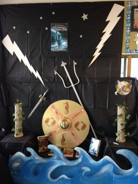 Spartan Party Decorations, Greek God Decor, Diy Greek Mythology Decor, Percy Jackson Classroom Theme, Greek Mythology Homecoming, Greek Classroom Decorations, Greek Set Design, Greek Mythology Decorations, Greek Mythology Party Decorations