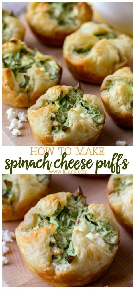 These puff pastry appetizers are filled with all the good stuff, including spinach, bacon bits and feta. As you can imagine, they are a hit at parties, and rightfully so! #spinachpuffs #cheesyspinachpuffs #spinach #appetizers #puffpastry Spinach Puffs Recipe, Hearty Appetizers, Spinach Cheese Puffs, Puff Pastry Recipes Appetizers, Spinach Puffs, Cheese Puffs Recipe, Spinach Puff Pastry, Spinach Puff, Puff Pastry Appetizers