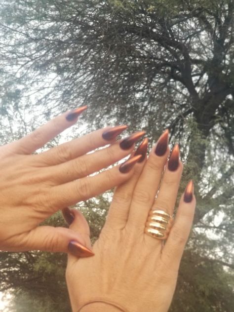 Chrome orange with a touch of purple #stilettonails #nails #naildesigns #stilletos #chrome Chrome Over Black Nails, Orange Chrome Nails, Orange Chrome, Holographic Nails, Chrome Nails, Stiletto Nails, Black Nails, Black Orange, Orange Black