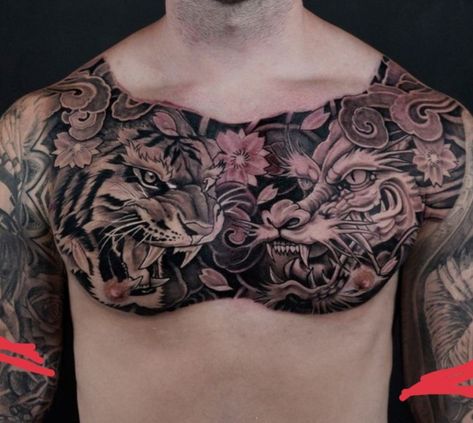 Chest Pec Tattoo Men, Yakuza Chest Tattoo, Japanese Chest Tattoo Design, Tattoo Dada, Japanese Chest Tattoo, Chest Tattoo Japanese, Tattoo Peito, Tiger Tattoo Sleeve, Tato Dada