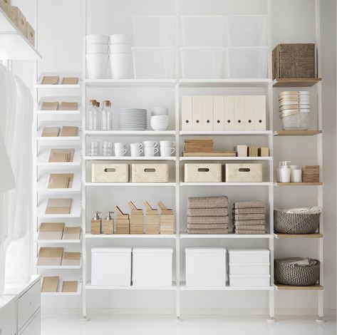 Ikea Elvarli, Interior Kantor, Desain Pantry, Storage Room Organization, Ikea Shelves, Ikea Storage, Shelf Unit, Storage Hacks, Office Storage