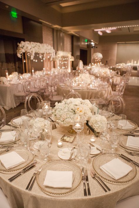 White and Bright Wedding at the Four Seasons in Palo Alto, lighting design by JL Imagination Glamourous Wedding Theme, Champagne Table Wedding, Ghost Chairs Wedding Reception, Extravagant Wedding Reception, Champagne Wedding Theme, Champagne Wedding Themes, Weddings Decorations Elegant Romantic, Elegant Wedding Themes, White Weddings Reception