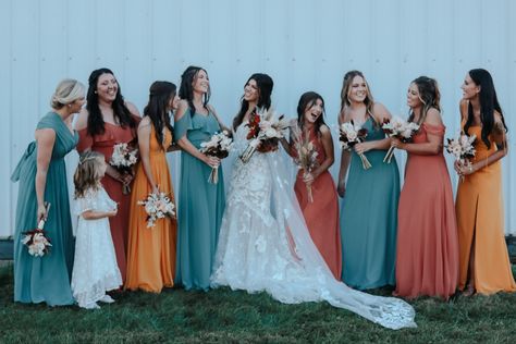 Marigold And Terracotta Wedding, Fall Bridesmaid Dresses Teal, Teal And Rust Wedding Bridesmaid Dresses, Rust Orange And Turquoise Wedding, Dusty Blue And Orange Bridesmaid Dresses, Burnt Orange And Teal Bridesmaid Dresses, Orange And Blue Bridesmaid Dresses, Terracotta And Turquoise Wedding, Blue And Orange Bridesmaid Dresses