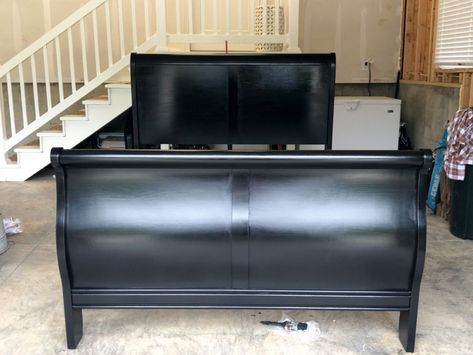 Black Sleigh Bed Farmhouse, Painting Wood Bed Frame Black, Black Stain Bedroom Furniture, Painting A Sleigh Bed, Gel Stain Bedroom Furniture, Slay Bed Makeover Bedroom Ideas, Sleigh Bed Makeover Before And After, Cherry Sleigh Bed Makeover, How To Paint A Bed Frame