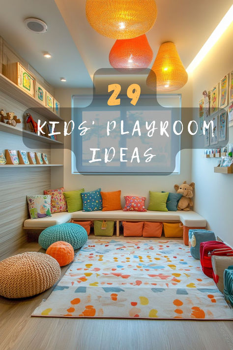 Need a magical space for your kids? Click to discover 29 kids' playroom ideas that encourage creativity and fun! 🌈🧸 #KidsPlayroom #CreativeSpace #FunRoom #PlayroomDecor #ChildsPlay Kids Playroom Lights, Toy Space In Living Room, Small Multipurpose Playroom, Playroom Ceiling Decor, Playroom Age 5-8, Boy Girl Playroom Ideas, Toddler Toy Room Ideas, Rectangle Playroom Layout, Children Playroom Ideas