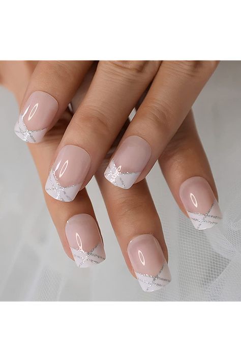 French Nail Gel Designs, Acrylic Nail French Tip With Design, French Tip Nails With Sparkle Line, Short French Manicure Designs, Air Force Nails Designs, Pretty French Tips, White Nail Tip Designs, White Tip With Glitter, French Manicure Dip Nails