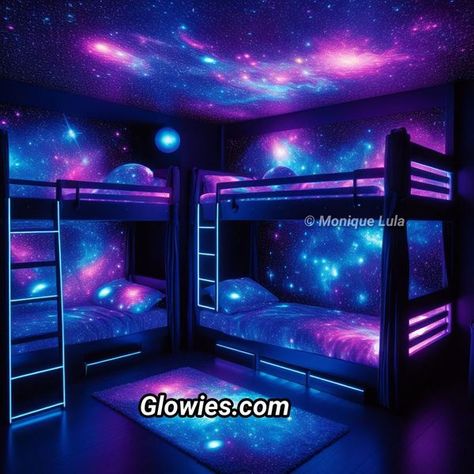 Glow In The Dark Room Ideas, Girl Bunk Bed Rooms, Mermaid Rooms, Glow In The Dark Room, Galaxy Bedroom, Pretty Decorations, Monique Lula, Bunk Bed Room, Girls Bunk Beds