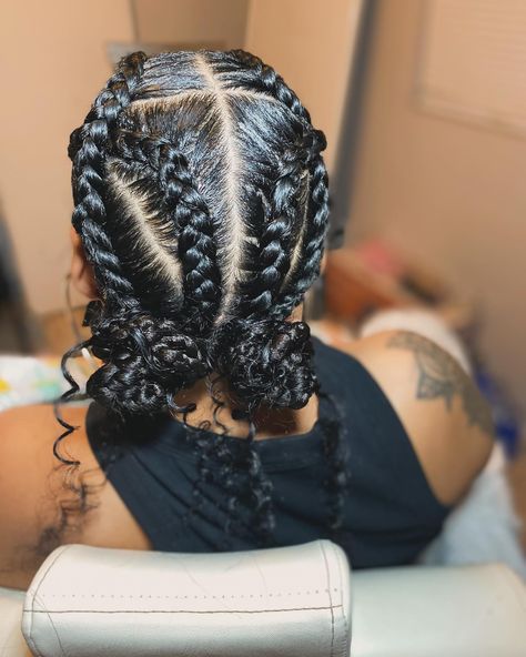 FOUR CRISS CROSS BRAIDS IN BUN w/ curls added 🩷 Duration : 1HR & 45 mins ⏰ Price: $90 hair included Located: Phoenix, AZ 623 . . . If your viewing || Follow @theonlybraidbrat 🫧🥼 Booking site link in bio 📆 📱 (480)772-1857 for any questions #fyp #azbraider #stitchbraids #phoenixaz Braided Two Buns, Braids In Bun, Criss Cross Braids, 90 Hair, Cross Braids, Two Buns, Booking Sites, Stitch Braids, Braids With Weave