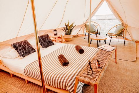 Bell Tent Interior, Bell Tent Glamping, Bell Tent Camping, Glam Camping, Canvas Bell Tent, Glamping Ideas, Bell Tents, Timber Beds, Eco Furniture