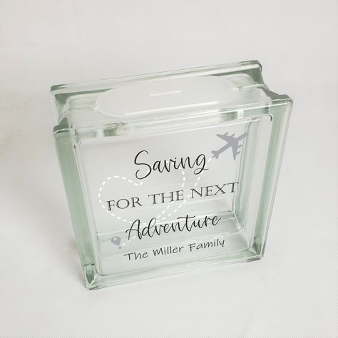 "Vacation Fund, Vacation Savings Bank, Vacation Coin Jar, Gift for Traveler, Gift for Him, Gift for Her, Gift for Family, Gift for Friend This fun savings bank is not only a personalized gift for anyone who loves to travel, but it serves a purpose! The 7.5\" x 7.5\" glass block is personalized with a first name, family name or a couple's name making it a unique, meaningful gift. The jar comes with a removable lid which allows for easy depositing and removal of coins or bills. Present this jar to Vacation Jar, Travel Jar, Saving Coins, Coin Jar, Christmas Gifts For Brother, Jar Saving, Vacation Fund, Vacation Savings, Gift For Traveler