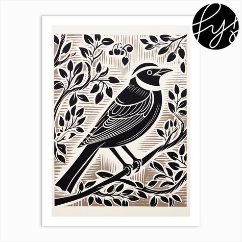 Fine art print using water-based inks on sustainably sourced cotton mix archival paper. • Available in multiple sizes • Trimmed with a 2cm / 1" border for framing • Available framed in white, black, and oak wooden frames. Tags: PJ-8349-4543 Linocut Prints Pattern, Lino Print Pattern, Bird Linocut, Linocut Ideas, Printmaking Inspiration, Pet Paintings, Feather Drawing, Bird Template, Monochromatic Art