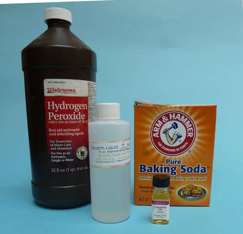 Homemade Toothpaste: Basic Ratio:    6 parts baking soda : 1 part vegetable based glycerin : 1 part hydrogen peroxide solution : flavor to taste    This makes a nice paste.  To make a smoother mix, reduce the soda.  To omit the glycerin, increase the peroxide. Peroxide Mouth Rinse, Hydrogen Peroxide Mouthwash, Diy Mouthwash, Baking Soda Hydrogen Peroxide, Homemade Toothpaste Recipe, Diy Toothpaste, Baking Soda Toothpaste, Toothpaste Recipe, Peroxide Uses