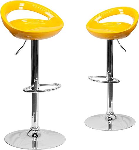 Flash Furniture 2 Pk. Contemporary Yellow Plastic Adjustable Height Barstool with Rounded Cutout Back and Chrome Base. #mustardcolorhomedecor #mustardyellowhomedecorcolorinspiration #mustardhomeaccents #mustardcolorhomedecorideas #mustardhomedecor #mustardhomedecorcolourschemes #homeaccents #homeaccessories #yellowbarstools Silver Bar Stools, Yellow Bar Stools, Green Bar Stools, Brown Bar Stools, Green Bar, Adjustable Stool, Bar Height Stools, Black Bar Stools, Adjustable Bar Stools