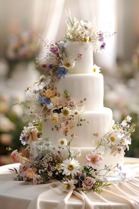 70+ Enchanting Wildflower Wedding Cakes That Will WOW | Matched Hearts Garden Inspired Wedding Cake, Wedding Cakes Real Flowers, April Wedding Cake, Bare Wedding Cake Ideas, Wedding Cake Wild Flowers, Budget Wedding Cake Ideas, Wedding Food Simple, Whimsical Garden Wedding Cake, Spring Floral Arrangements Wedding