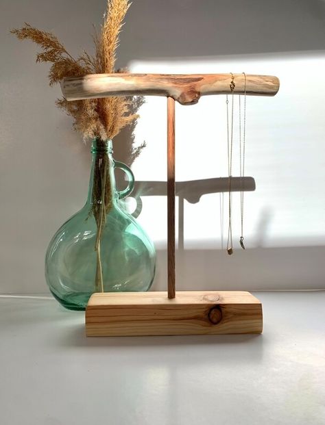 Driftwood Necklace Stand | Wood Necklace Display | MakerPlace by Michaels Stand For Necklaces, Driftwood Necklace Holder, Wooden Jewelry Stand Diy, Wooden Jewellery Stand, Table Top Jewelry Display, Necklace Display Ideas Diy, Necklace Stand Diy, Diy Jewellery Holders, Jewellery Stand Diy