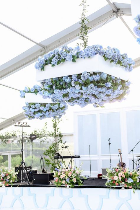 Pastel Hydrangea Wedding, Hydrangeas At Wedding, Hanging Hydrangeas Wedding, Dance Floor Floral Installation, Blue Hydrangea Wedding Decorations, Hanging Wedding Florals, Hydrangea Chandelier, Wedding Floral Ceiling, Hydrangea Ceiling