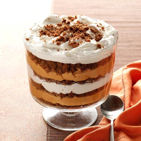 Pumpkin-Butterscotch Gingerbread Trifle Recipe -There's more to pumpkin than pie, as this impressive trifle proves. It looks so elegant with alternating layers of gingerbread cake and pumpkin/butterscotch pudding. Try making it ahead of time for a fuss-free dessert when you're planning to entertain guests. —Lyla Lehenbauer, New London, Missouri Low Calorie Thanksgiving, Low Calorie Thanksgiving Desserts, Gingerbread Trifle, Pumpkin Trifle, Pumpkin Butterscotch, Pumpkin Gingerbread, Pumpkin Mousse, Trifle Desserts, Trifle Recipe