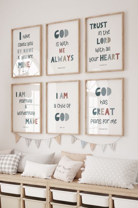 Introducing our beautifully crafted Christian Nursery prints, designed to fill your child's room with love, inspiration, and a sense of faith.Each Christian Quotes Nursery Print is meticulously crafted with attention to detail and a deep understanding of the power of words. We have carefully selected uplifting quotes from the Bible and transformed them into beautiful artwork that will captivate both children and adults alike. Bible Verse For Nursery Wall Decor, Nursery Ideas Christian, Christian Nursery Theme, Christian Nursery Ideas, Bible Verses About Children, Baby Room Artwork, Church Nursery Decor, Quotes From The Bible, Scriptures For Kids