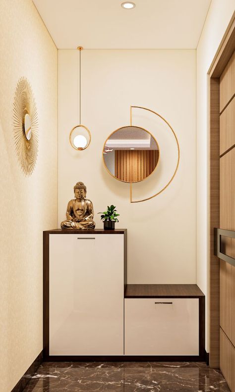 Beige Foyer Design With Buddha Statue Flat Entrance Lobby Design, Foyer Design Modern Entrance, Entrance Lobby Design, Entrance Foyer Design, Flat Interior Design, Lobby Furniture, Lobby Interior Design, House Interior Design Styles, Entrance Lobby