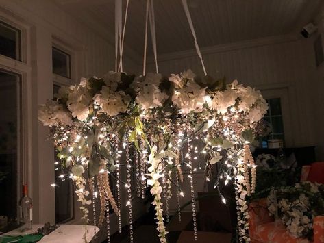 Greenery/floral Chandelier? | Weddings, Do It Yourself | Wedding Forums | WeddingWire Floral Chandelier With Lights, Flower Chandelier Diy, Floral Chandelier Diy, Decorate Chandelier, Floral Chandelier Wedding, Chandelier Wedding Decor, Registry Wedding Dress, Quince Decor, Do It Yourself Wedding