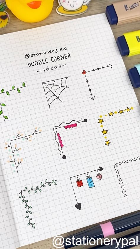 Try this simple doodle corner ideas!🤩🤩🤩 . 🔍Sakura Pigma Micron Pen 02 - 0.30 mm - Black Monami Color Twin Brush .⁠ .⁠ .⁠ 🎈Get great… | Instagram Note Doodle Ideas, Gifts To Put In Letters, Creative Penpal Ideas, Cute Pen Pal Ideas, Creative Pen Pal Ideas, Pen Pal Ideas Aesthetic, Pen Pal Inspiration, Doodle Book Ideas, Penpal Aesthetic Ideas