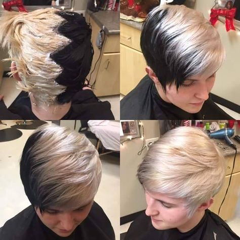 Short Hair Color Placement, Creative Hair Dye Placement, Pixie Split Dyed Hair, Split Dye Pixie Cut, Block Color Hair Placement, Color Placement Guide, Hair Color Placement Ideas, Creative Hair Color Placement, Hair Dye Techniques