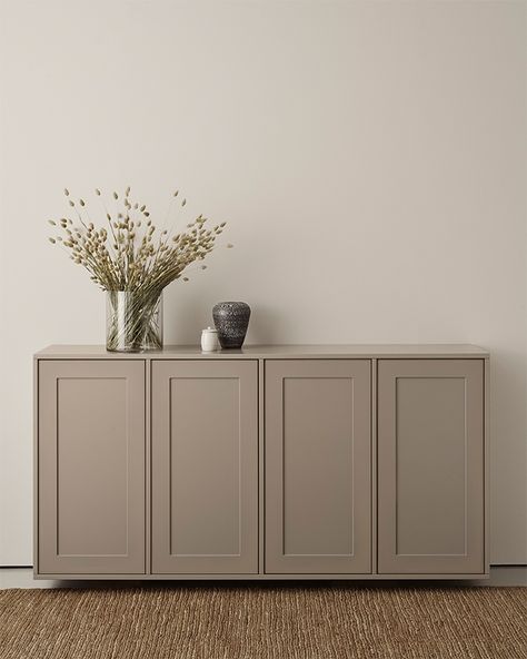 A.S.Helsingö ENSIÖ Sideboard built on IKEA METOD cabinet frame. Color: Linen Brown. Sideboard, Ikea Sideboard, Interior Design News, Mdf Doors, Sideboard Designs, Sideboard Storage, Ikea Hack, 인테리어 디자인, Home Living Room