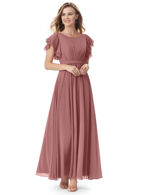 . Daphne is our floor-length modest bridesmaid dress made of chiffon with an illusion scoop neckline. # #Wedding #CustomDresses #AZAZIE Modest Bridesmaid Dresses With Sleeves, Modest Formal Dresses, Rose Bridesmaid Dresses, Bridesmaid Dresses With Sleeves, Modest Bridesmaid Dresses, Maid Dress, Dance Fashion, Bridesmaids Dresses, Custom Dresses