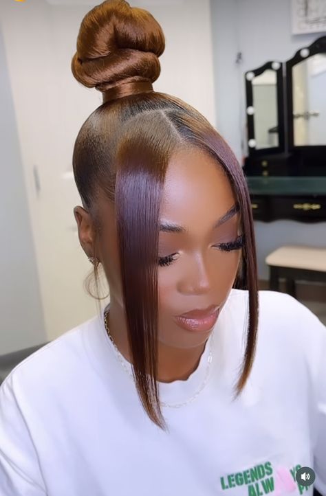 Pony Bun Hairstyle, Sleek Ponytails For Black Women, Pincurl Ponytail Updo Black Women, Ponytail Bangs Hairstyles, Ponytail Hairstyles For Black Women Updo, Birthday Styles Hair For Black Women, Sleek Ponytail Hairstyles For Black Hair, High Bun With Curls, Blonde Ponytail Hairstyles