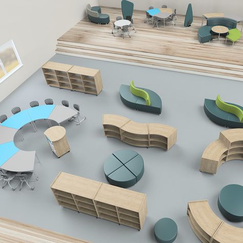 3D plan of a school library with shelving, tables and soft ottomans. Modern School Library, Library Furniture Design, School Library Design, Library Plan, Gros Morne, Practical Furniture, Modern School, Daycare Design, School Storage