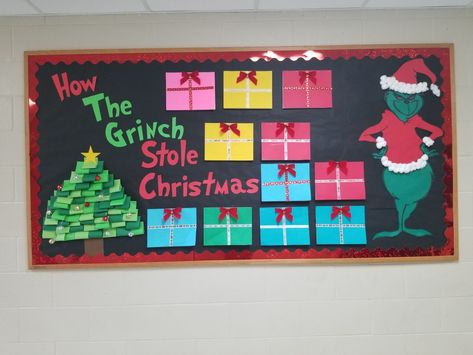 Grinch Classroom Bulletin Board, Grinch Bulletin Board Ideas, Grinch Bulletin Board, Christmas Bulletin Board Decorations, Christmas Fun Facts, December Writing, Christmas Doors, Valentines Day Bulletin Board, Birthday Bulletin Boards