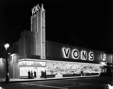 A night shot of Vons Market and See’s Candies, 1311 Wilshire Blvd, Santa Monica, California, 1940 | Garden Of Allah, Sees Candies, Santa Monica Blvd, Night Shot, The Golden Years, Santa Monica California, Historical Novels, Golden Years, Tear Down