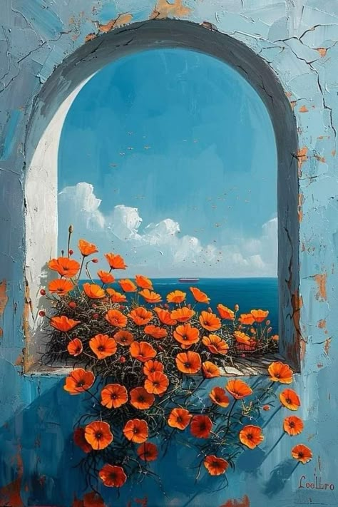 Best Artists Paintings, Paintings With Blue Backgrounds, Flower Window Painting, Blue Background Painting, Oil Paint Flowers, Blue Sky Painting, Blue Oil Painting, Ocean Flowers, Oil Painting Background