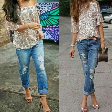 Sparkle Shirt Outfit, Sequin Tshirt Outfit, Sequin Shirt Outfit, Denim And Diamonds Party Outfit, Casual New Years Eve Outfits, Shiny Blouse, Outfits New Year, Three Quarter Sleeve Blouses, Ripped Jeans Outfit