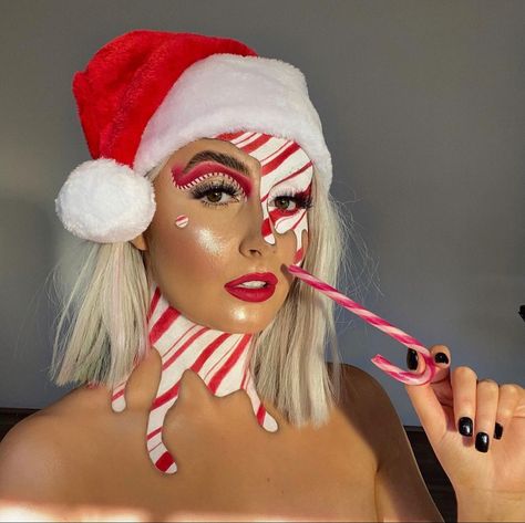 Creatuve candy cane make uk look #candycanes #candycanemakeup #xmas #christmasmakeup #christmasmakeuplook Candy Cane Makeup Ideas, Candy Cane Outfit Women, Candy Cane Dress Up Day, Cane Outfit, Candy Cane Makeup, Candy Cane Costume, College Makeup, Christmas Mask, Candy Makeup