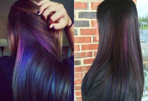 Oil slick hair, under top layer so it peeks through Oil Slick Hair Color, Hidden Rainbow Hair, Oil Slick Hair, Slick Hair, Ombre Blond, Brunette Bob, Dark Brunette Hair, Rainbow Hair Color, Hair Dyes