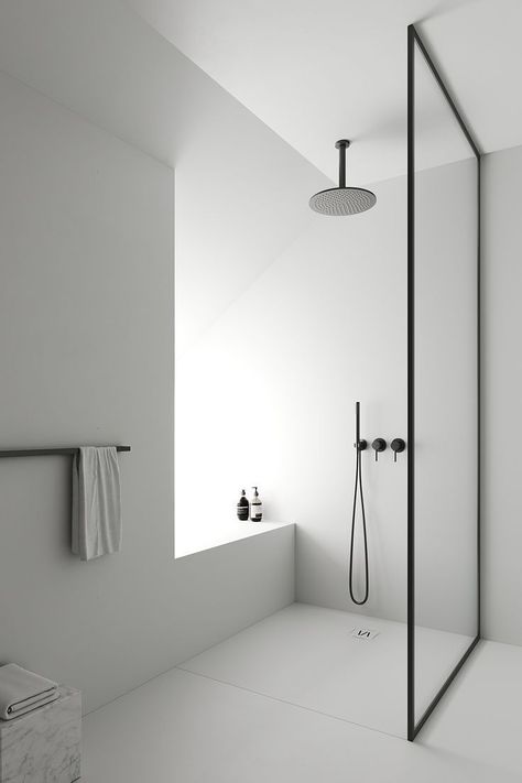 Opt for large tiles in light colors for the floor and walls to make the space feel open and spacious. Minimalist Bathroom Furniture, Design Interior Baie, Shower And Toilet, Decor Baie, Wallpaper Pastel, Hus Inspiration, Minimalist Bathroom, House Bathroom, Hand Held Shower