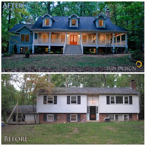 This home was transformed from a split-foyer into a french colonial.  What made this transformation was raising the entrance to the main level, building out the attic space for an added level, and relocating the staircase to access all 3 levels.  A master suite addition was added above the garage and a dramatic window wall addition to the rear of the home really brings the outdoors in. Split Level Exterior, Ranch Entrance, Raised Ranch Remodel, Casa Garage, Split Level Remodel, Split Foyer, Architecture Renovation, House Makeovers, Ranch Remodel