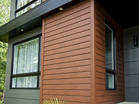 Quality Edge steel siding.  This would be a good look for the drawers basement.    DSC_7155-S6-EnglishSaddle Exterior Siding Ideas, Exterior House Siding, Wood Siding Exterior, Siding Ideas, Steel Siding, House Cladding, Cabin Exterior, Home Exterior Makeover, Exterior Renovation