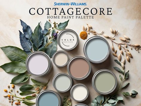 Cottagecore Home Paint Palette, Sherwin Williams 2024 Inspired, Whole House Color Scheme, Trendy Interior Design, Cottage Farmhouse Vibes - Etsy Living Room Design Color Palette, Rock Wood Sash Green Sherwin Williams, New England Paint Colors, Whole House Paint Color Palette, Whole Home Paint Palette, Light Green And Blue Color Palette, Wall Colors With Green Cabinets, Sherwin Williams Juniper, Wellness Center Color Palette