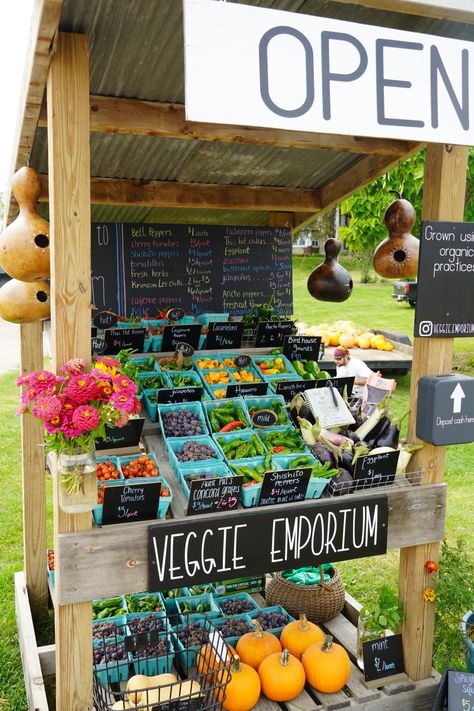 Food Stand Design Street Farmers' Market, Fruit Stand Display Farmers' Market, How To Build A Farmers Market Stand, Farmers Market Display Vegetables, Mini Farmers Market, Honor Stand Roadside, Egg And Produce Stand, Farmers Market Stand Diy, Farmer Stand Ideas