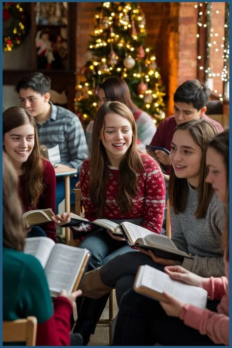 Group of teenagers smiling and reading books together in a festive room with a Christmas tree in the background. Christmas Bible Study For Teens, Christmas Lessons For Teens, Teen Bible Study Lessons, Christmas Sunday School Lessons, Christmas Bible Study, Teen Bible Lessons, Teen Devotional, Teen Bible Study, Teen Study