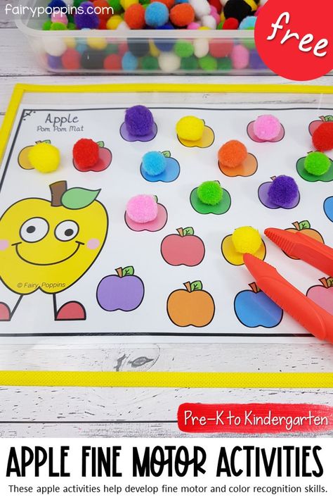 These FREE apple activities help kids develop their fine motor and color recognition skills. They include some fun pom pom mats plus an As is for apple worksheet (which can be used with dot markers or stickers). Such as fun addition to Pre-K, Preschool or Kindergarten centers. #finemotoractivities #finemotorskills #appletheme #appleactivities #coloractivities #pompommats #finemotor #prek #preschool #kindergarten #fallactivities Apple Pom Pom Activity, Pom Pom Color Sorting, Apple Preschool Fine Motor, Apple Occupational Therapy Activities, Apple Large Motor Activities Preschool, Apples Prek Activities, Apple Dot Marker Printable, September Fine Motor Activities, Apple Small Group Activities Preschool