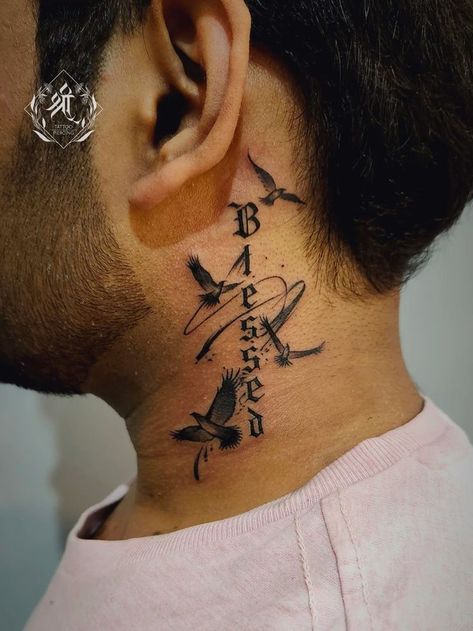 Neck tattoo _ blessed tattoo done at @shreetattoos (1) Cursive Neck Tattoo Men, Small Mens Neck Tattoos, Neck Side Tattoo Men, Behind Ear Tattoo Design, Blessed Neck Tattoo Men, Neck Tattoo With Name, Unique Neck Tattoos For Men, Back Of Ear Tattoo Men, Birds Neck Tattoo