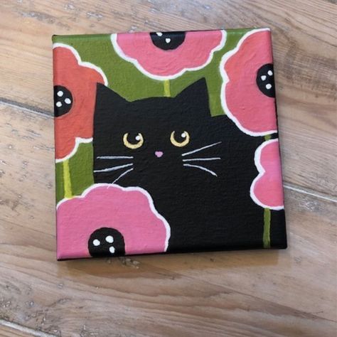 This little black kitty loves gardening with Mama!  Sitting in the pink poppies is kitty's favorite hiding place! Painted on an approximately 5' x 5" studio stretched canvas with 3/4" sides that are painted black so no frame is needed.  Hanger is installed on the back so it will be ready to hang right out of the box! Media:  Archival Acrylic Paint, Archival Matte Glaze Signed and dated on the back. Paintings For Frames, Pink And Purple Canvas Painting, Paint A Cat Easy, Black Cats Paintings, How To Paint A Cat Easy, Cute Doodle Paintings, Grey Cat Painting Easy, Easy Cat Painting Ideas, Cute Cat Painting Ideas