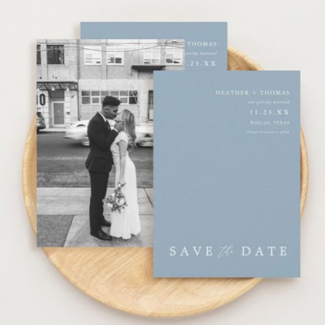 Dusty Blue Modern Wedding Photo Save The Dates Invitation #zazzle #weddinginvitations #birthdayinvitations #babyshowerinvitations #zazzleinvitations #monogram #businesscards #graduation #homedecor Modern Blue Wedding Invitations, Blue Theme Save The Date, Dusty Blue Save The Dates, Dusty Blue And Black Wedding, Blue Modern Wedding, Save The Date Blue, Dusty Blue Wedding Invitations, Light Blue Wedding Invitations, Dusty Blue Wedding Invitation