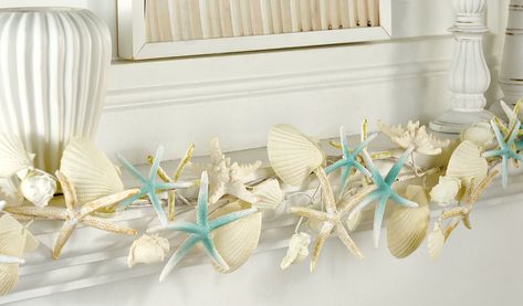 Coastal Floral Arrangements, Beach Cottage Aesthetic, Bridget Wedding, Beachy Centerpieces, Starfish Garland, Boho Coastal Bedroom, Seashell Garland, Sunset Room, Seashell Wall Decor