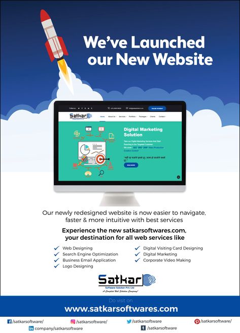 It's HERE! We are pleased to announce the launch of our brand new website! || https://satkarsoftwares.com/ With a bunch of our web services like 👉Web Designing 👉Search Engine Optimization 👉Business Email Application 👉Logo Designing 👉Digital Visiting Card Designing 👉Digital Marketing 👉Corporate Video Making Website Relaunch Announcement, Website Launch Announcement Posts Design, Website Launch Poster Design, Website Launch Poster, New Website Launch Announcement, Website Poster Design, Website Launch Announcement Posts, Launch Poster Design, New Website Announcement